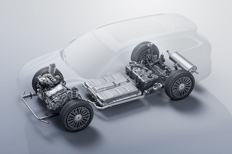 איור השלדה והמנועים של רכב צ'רי טיגו 9 פלאג-אין הייבריד